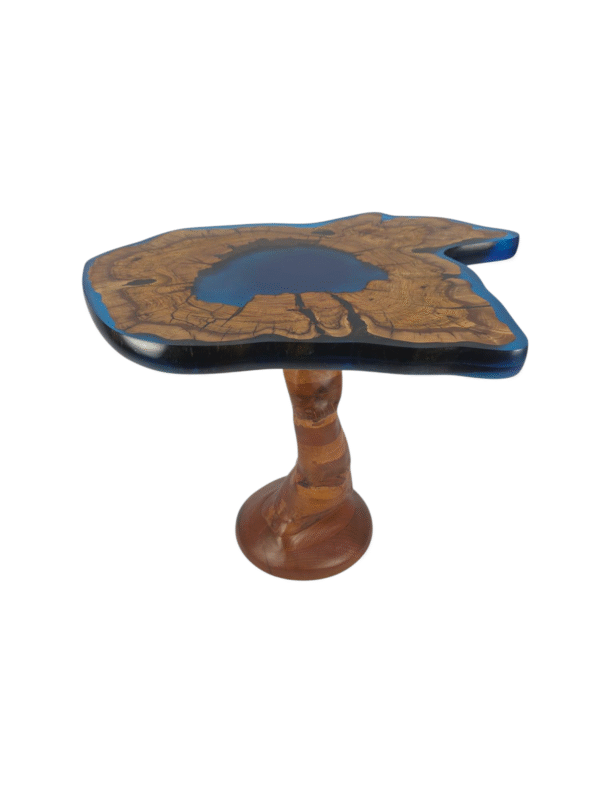 Blue epoxy table, live edge table, olive wood table.